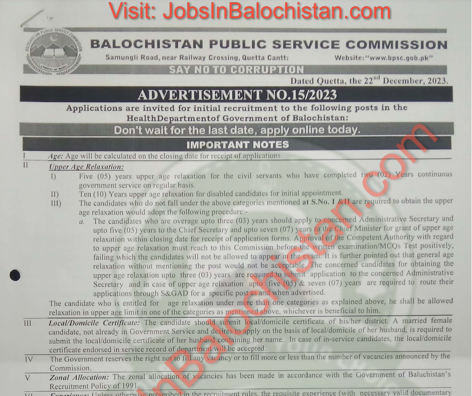 BPSC Jobs Balochistan Commission Service