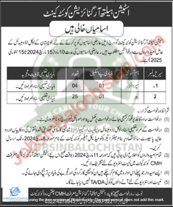 Station Health Organization Quetta Cantt Jobs In Balochistan 2024