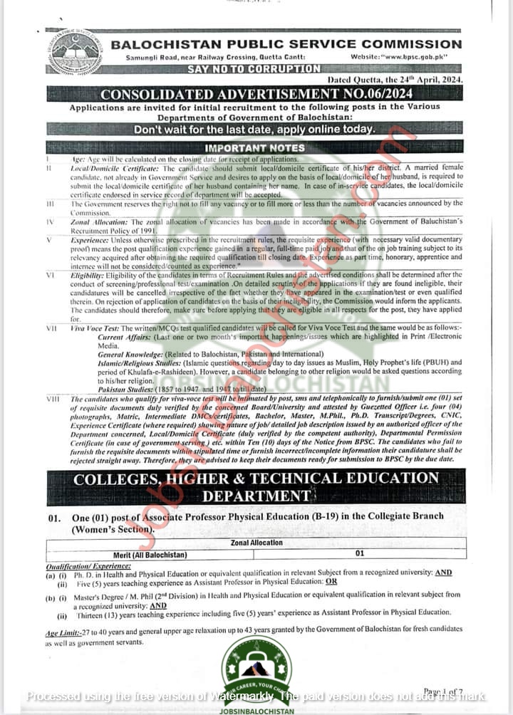 BPSC Advertisement-06-2024 JobsInBalochistan.com