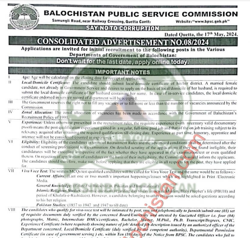 BPSC Advertisement No 08 2024 Jobs In Balochistan