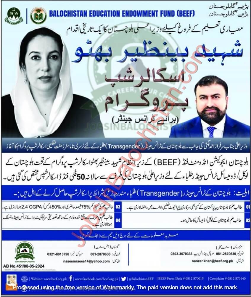 Benazir Bhutto Fully Funded BEEF scholarship in Balochistan 2024 Transgender