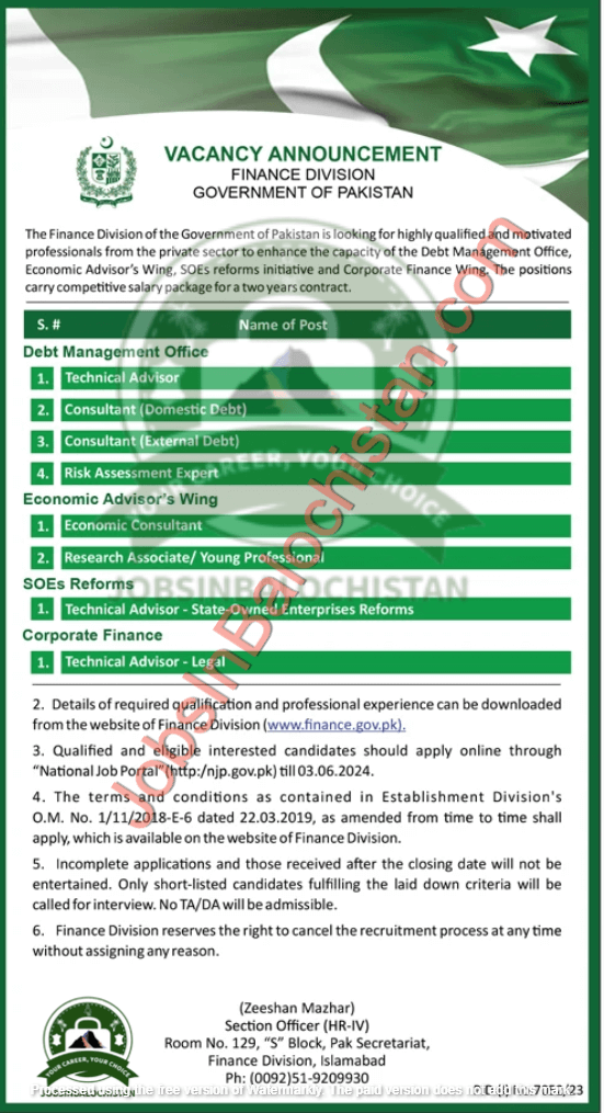 Finance Division Government of Pakistan Jobs In Balochistan 2024