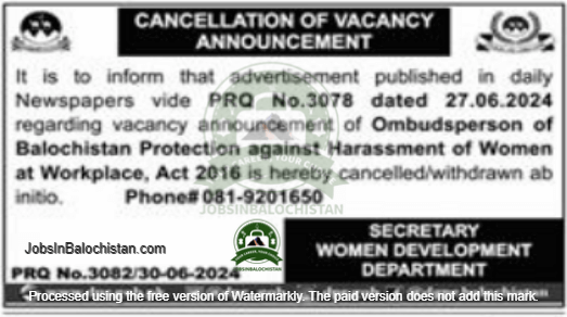 Cancellation of vacancy Ombudsperson of Balochistan protection against Harassment ow women