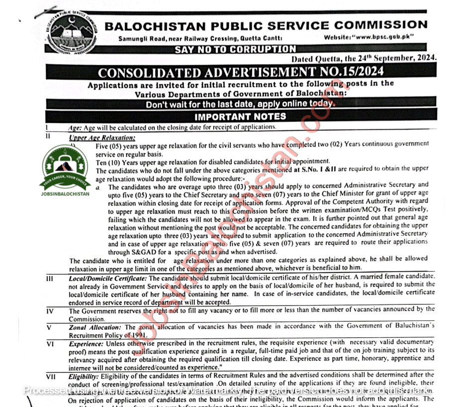 BPSC Afveertisement No. 15 2024 jobs in balochistan