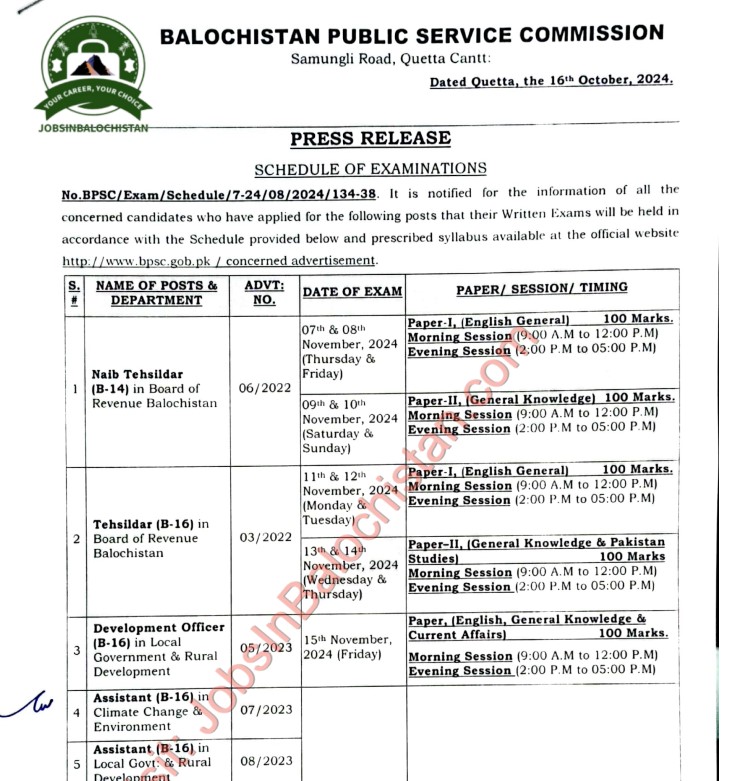 BPSC Previous Advertisements Jobs Examination Schudele In Balochistan