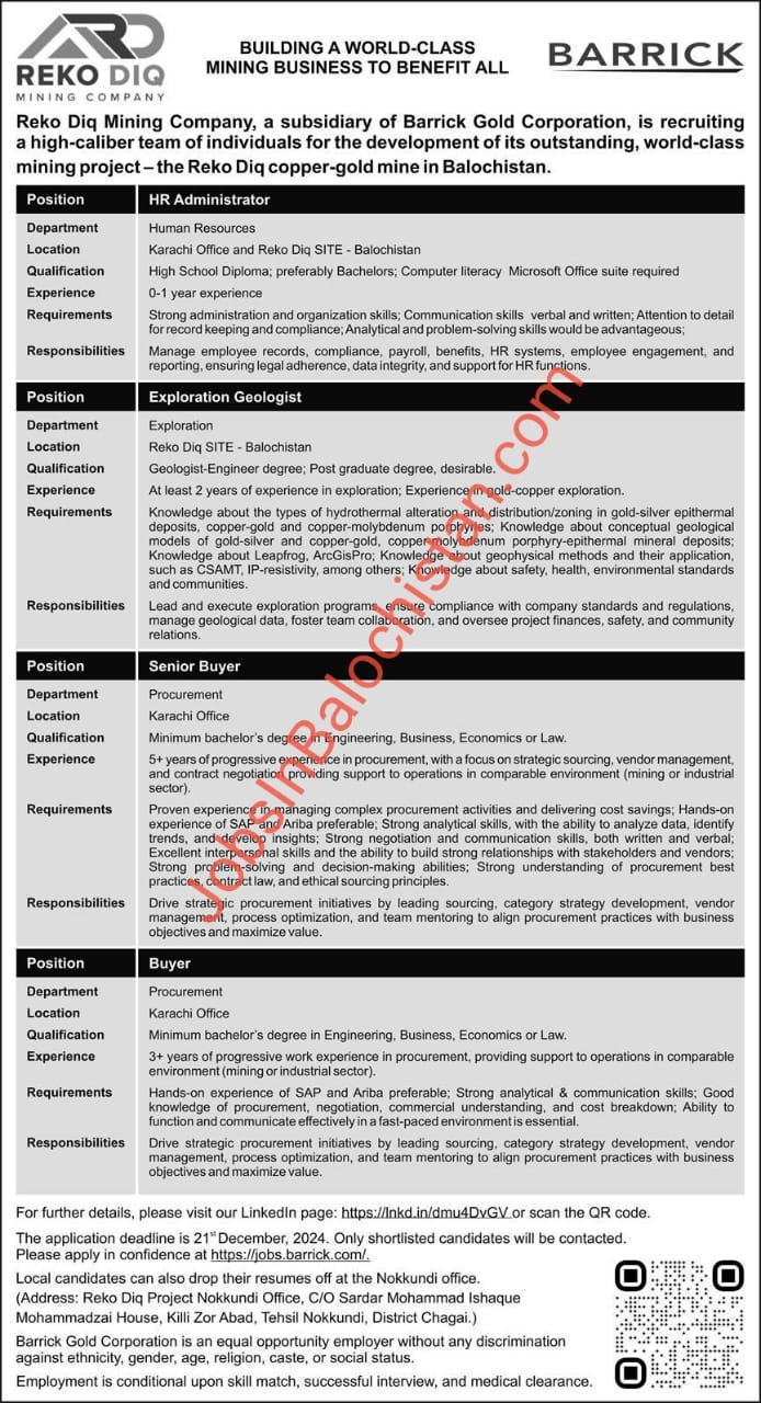 Barrick Reko Diq Copper Gold Mine Jobs In Balochistan 2024