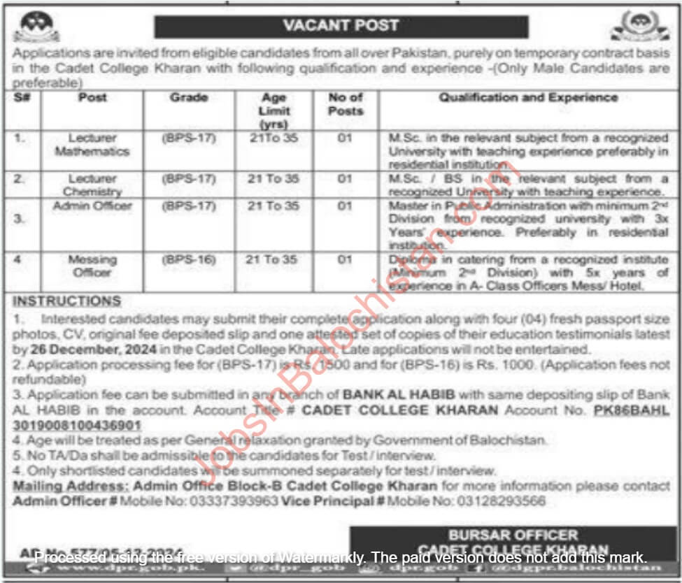 Cadet College Kharan Jobs In Balochistan 2024