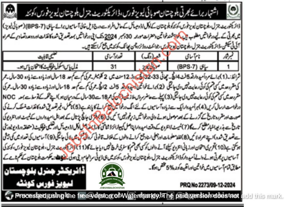 Levies Force Jobs In Balochistan 2024