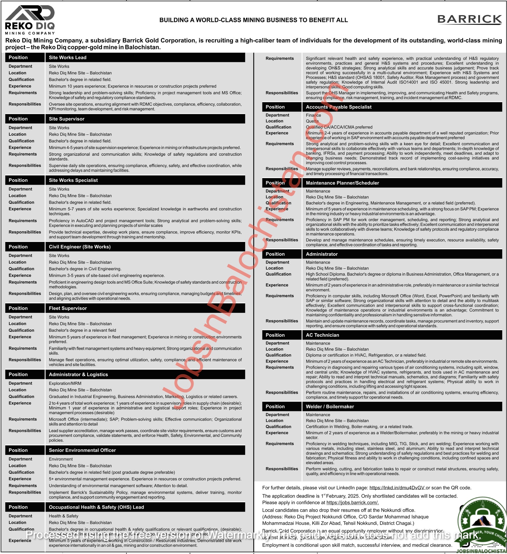 Barrick Reko Diq Copper Gold Mines Jobs In Balochistan 2025