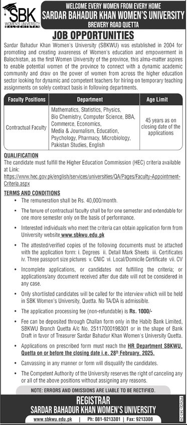 Sardar Bahadur Khan Women's University Jobs 2025