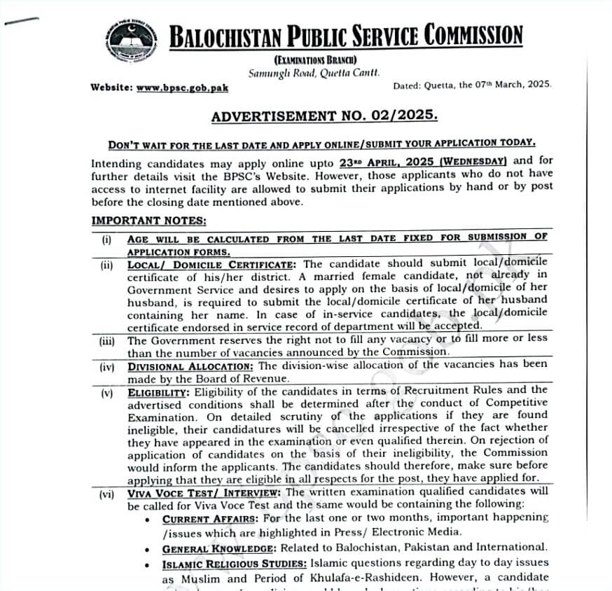 BPSC advertisement No. 02 2025 Jobs In Balochistan