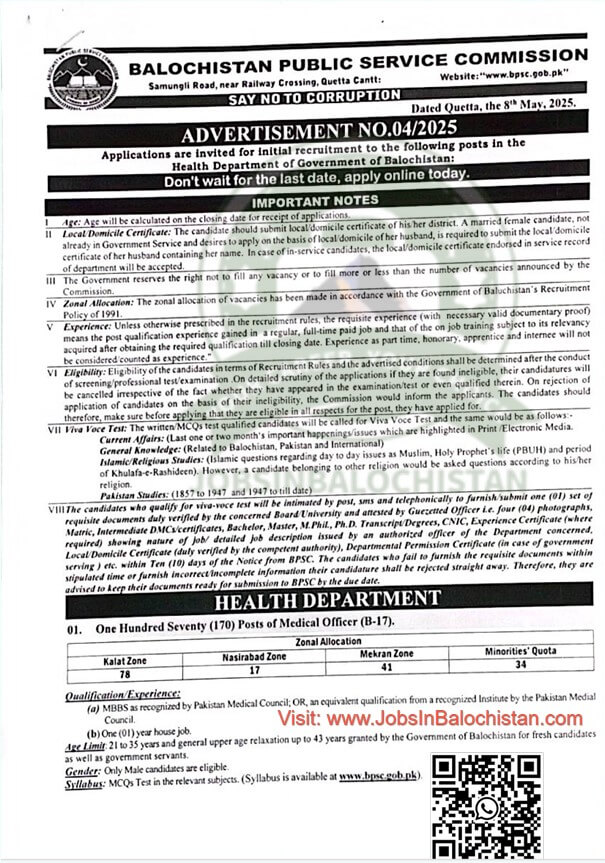 BPSC Advertisement No. 04 2025 Jobs In Balochistan 2025