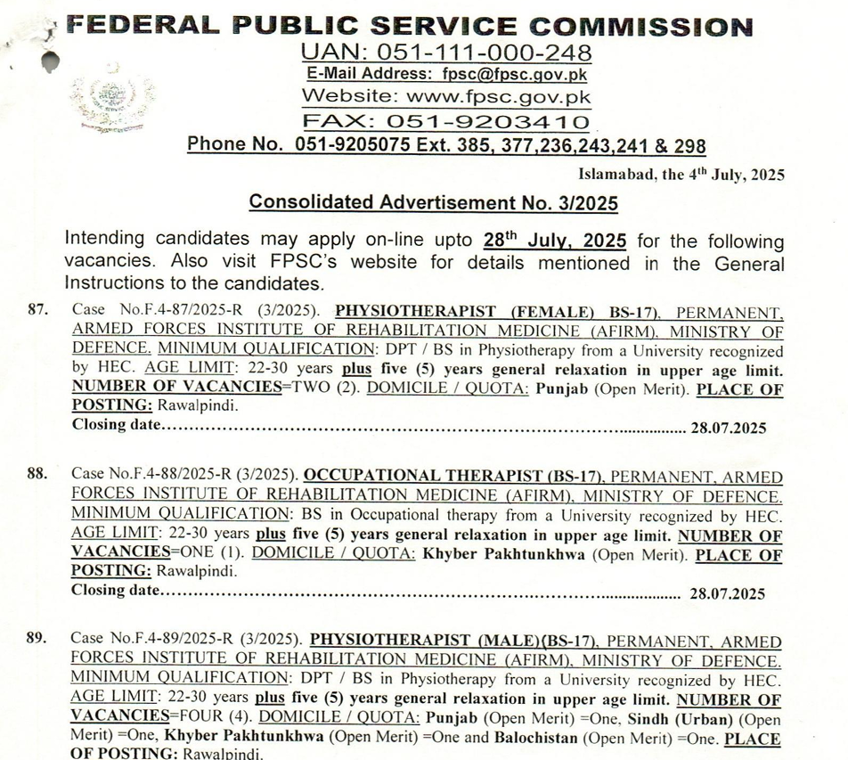 FPSC Jobs Advertisement No. 3 2025