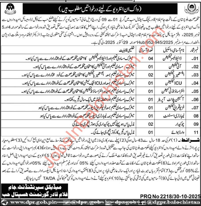Walking interview Health Department Jam Ghulam Qadir Teaching Hospital Hub Jobs
