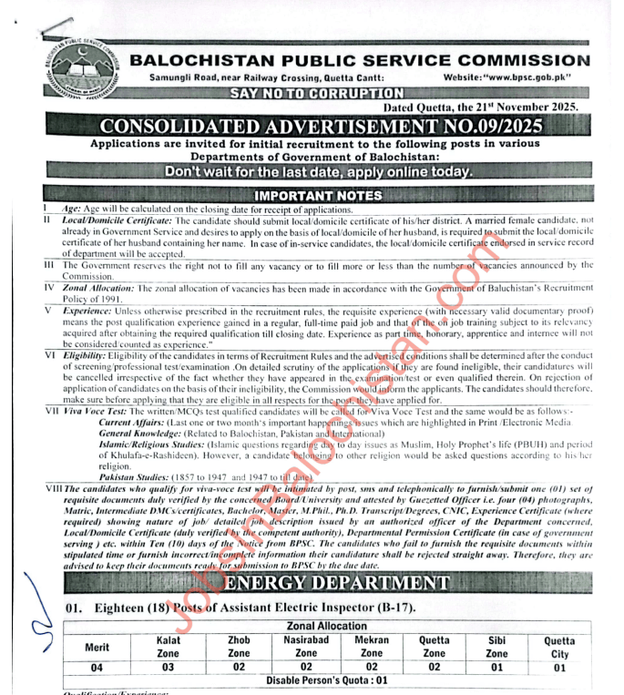 BPSC Advertisement No. 09 2025 Jobs in Balochistan