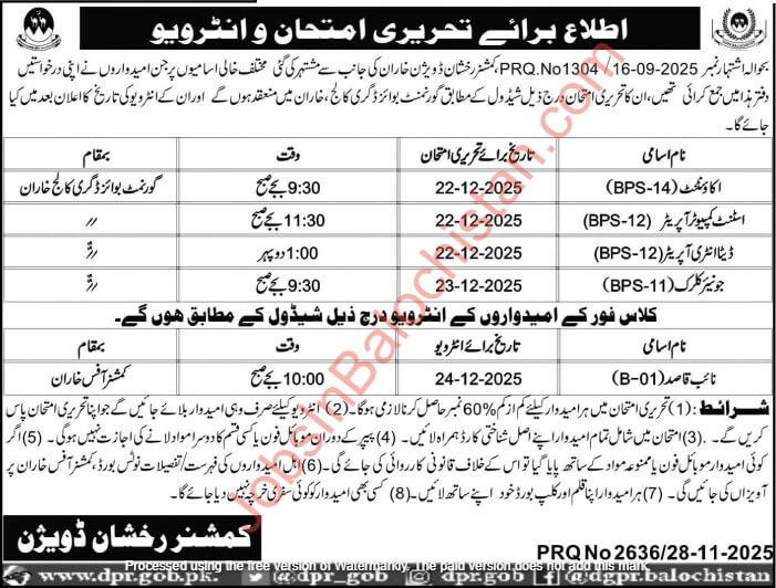 Test and Interview Commissioner office Rakhshan Division Jobs 2025