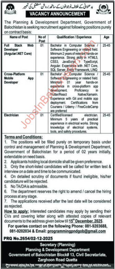 Planning and Development Department Jobs in Balochistan 2025